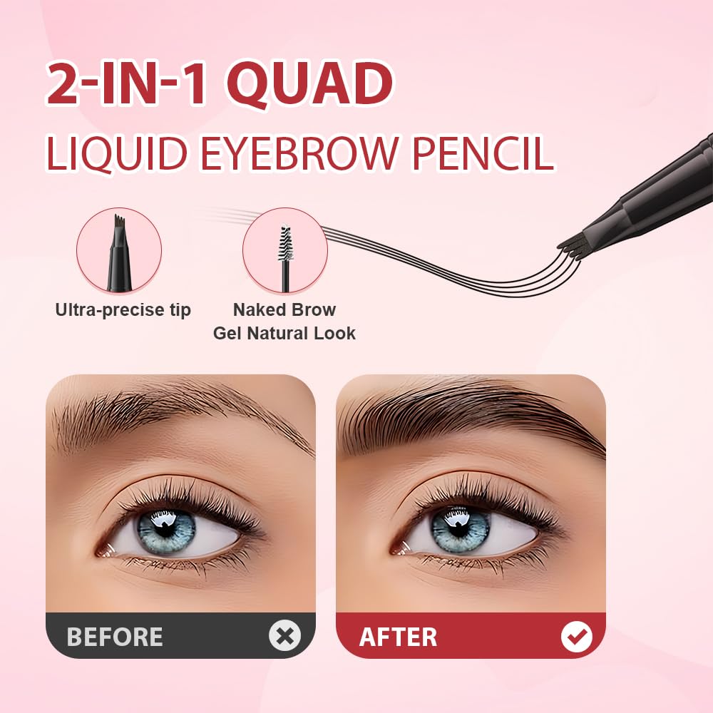 Skiennix 2-in-1 Dual-Ended Microblading Eyebrow Pen - Waterproof, Long-Lasting Gel with 4 Fork Tip Design - Light Brown