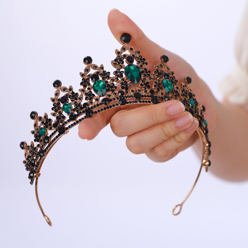 BERYUAN Green Black Crystal Rhinestone Wedding Headband Flower Crystal Vintage Headpiece Baroque Queen Halloween Headdress Gothic Black Rhinestone Wedding Hairpiece for Girls (green)