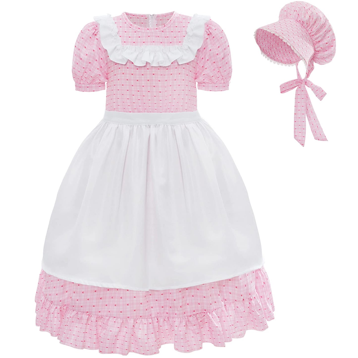 NSPSTT Pioneer Dresses for Girls Colonial Costume Prairie Dresses for Girls Polka Dot Dress, Pink S