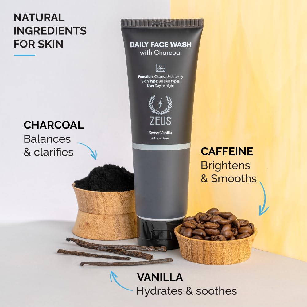 ZEUS Charcoal Face Wash for Men - Detoxifying Daily Cleanser for Oily Skin & Blackhead Removal