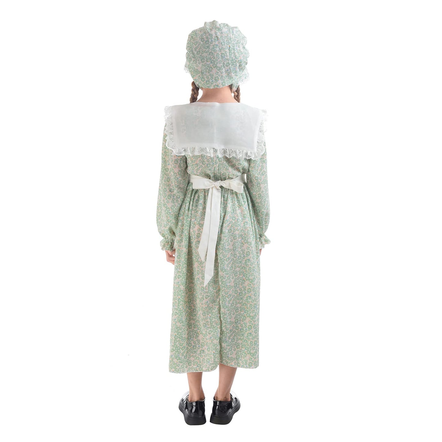 LTAKK Prairie Dresses for Girls Pioneer Colonial Costume Girl Pilgrim Dress with Shawl, Apron and Bonnet, Seagreen, Large