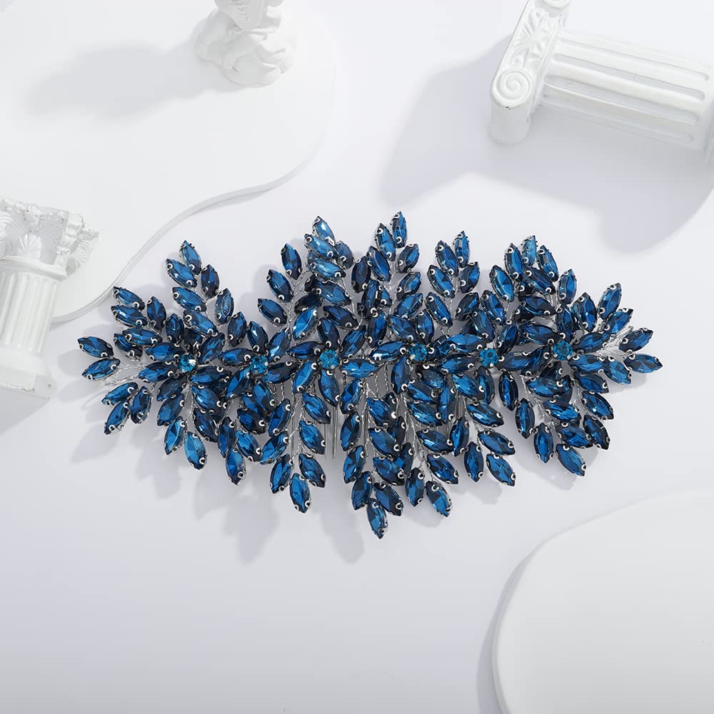 Teyglen Large Full Rhinestones Flower Bride Wedding Hair Comb Headband Luxurious Hair Accessories Dainty Blue Crystals Bridal Side Hair Combs for Women Bride Girls (Dark Blue)