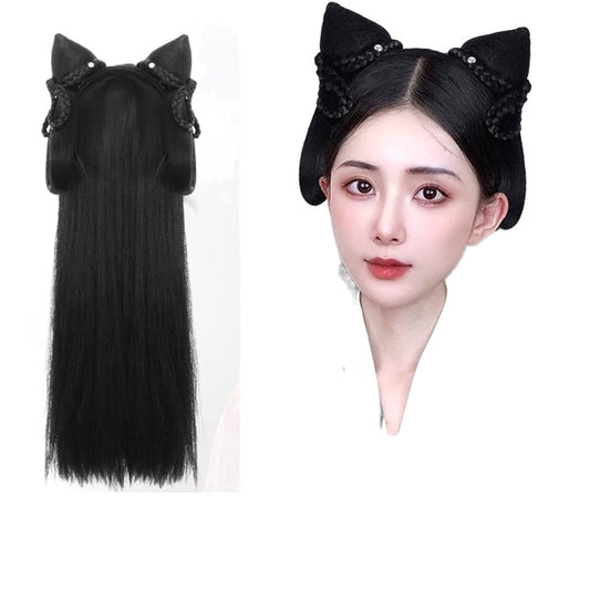 Oligage Hanfu Wig Headband Women Chinese Style Hair Piece Antique Modelling Cosplay Pad Hair Accessorie Headdress Black (Color : FG25)