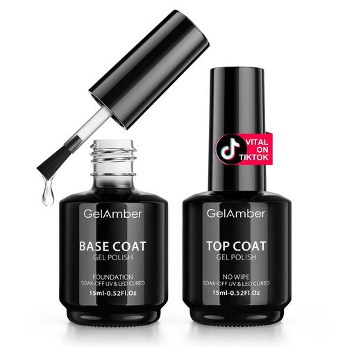 GELAMBER 2Pcs 15ml Gel Top Coat and Gel Base Coat, No Wipe Top and Base Gel Polish Kit, High Glossy Shine Long Lasting Soak Off Nail Art for Home DIY and Professional Manicure Gift