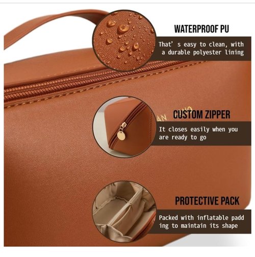 Travel Makeup Bag, Large Capacity Cosmetic Bags for Women, Waterproof Portable Open Flat Toiletry Bag Make up Bag with Divider and Handle, Gifts for Women (I-Brown, Medium)