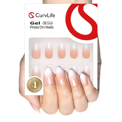 CurvLife Soft Gel Press-On Nails Gel French Tip False Nails with French Almond Design Full Cover Reusable Nail Kit for Women, 15 Pieces, Pink-White-Gradient, Round Shape
