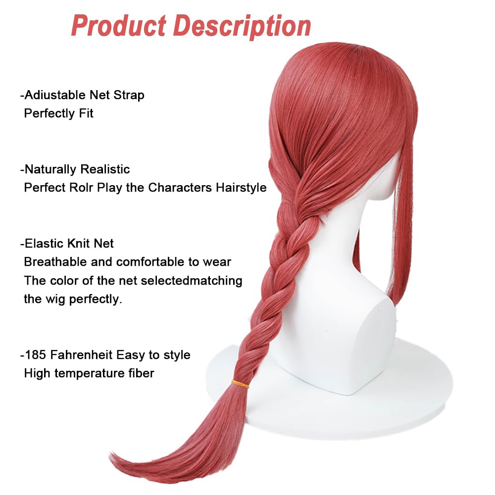 SEISAIDO Long Red Wig Anime Pink Cosplay Braids Wigs with Bangs for Csm Halloween Party Hair + Wig Cap