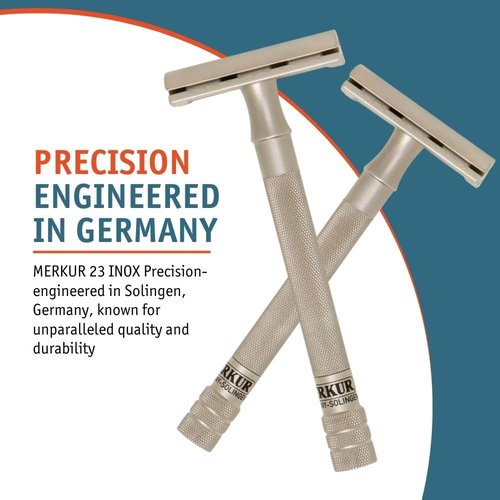 Merkur 23 Inox Stainless Steel Double Edge Safety Razor - Satin Finish, Long Knurled Handle, Three Piece