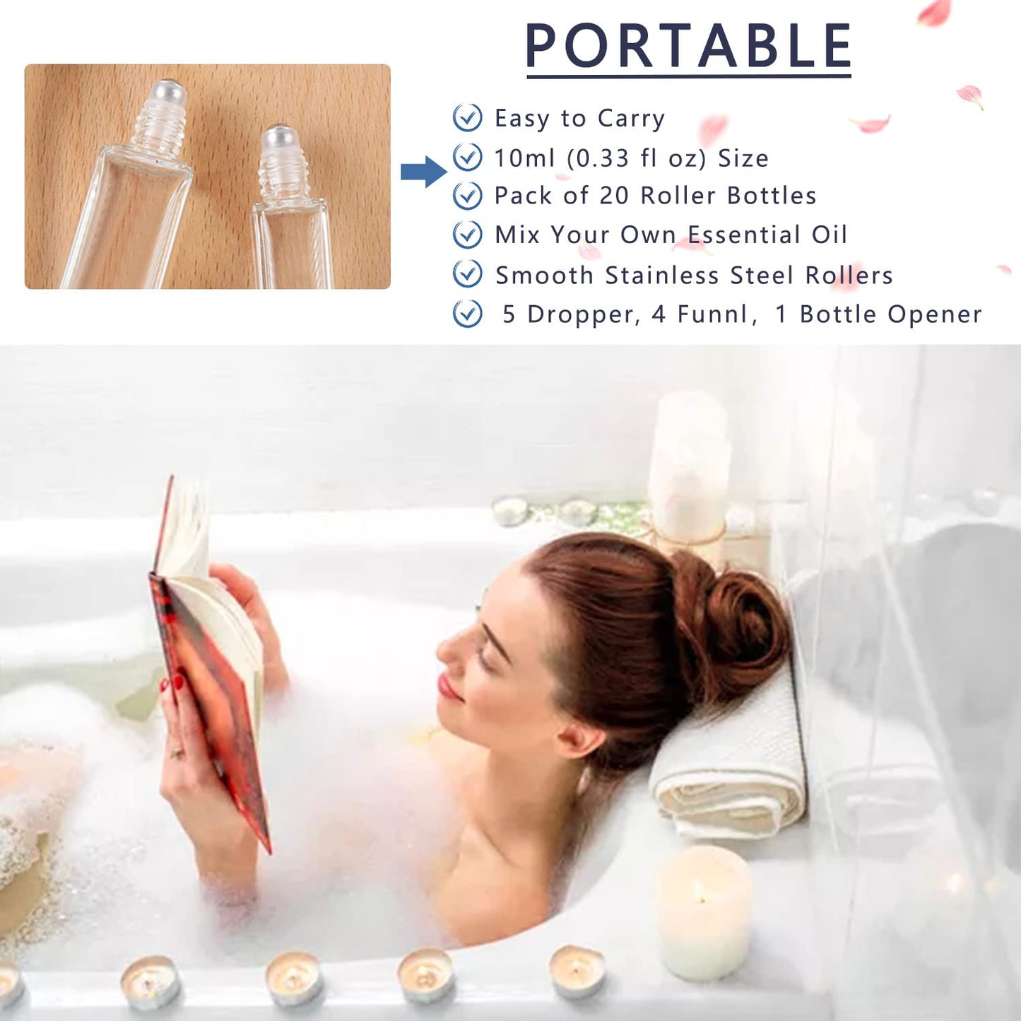 wifreo 20Pcs 10ml Glass Roll On Bottle for Essential Oils, Eco-friendly Refillable Clear Perfume Sample Bottles with Stainless Steel Roller Ball - Portable & Practical