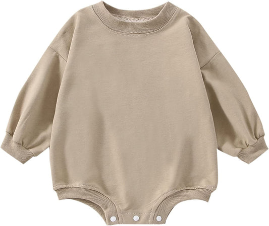 DOSYZTO Baby Boy Girl Fall Outfit Long Sleeve Bubble Romper Sweatshirt Top Solid Color Jumpsuit Infant Bodysuit Clothes (Solid Khaki Romper,12-18 Months)