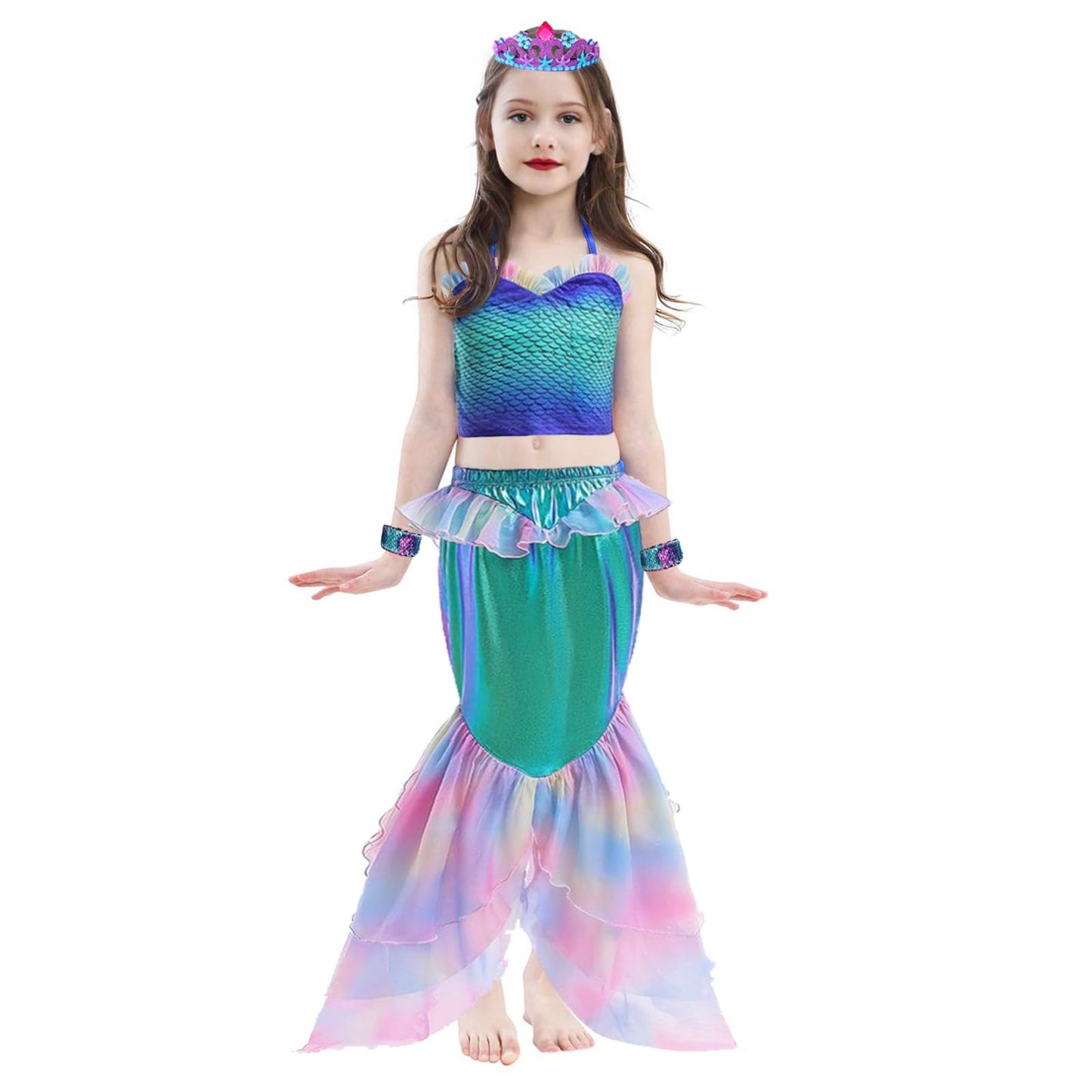 Vegove Girl's Little Mermaid Outfits 2 Pieces Suspender Skirts, Mermaid Crown Sequin Slap Bracelets & Pouch Halloween Costume (Purple, 4-5 Years Old)