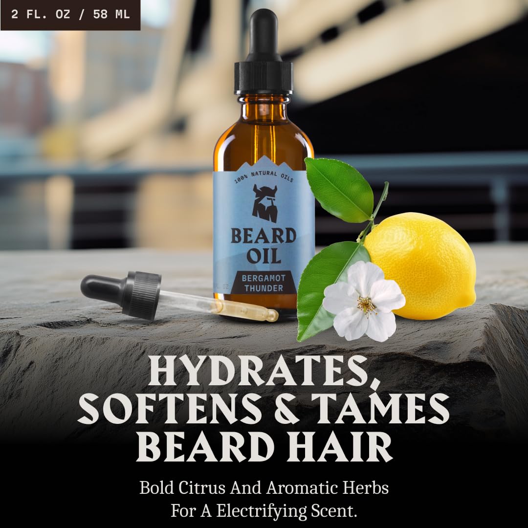 Striking Viking Beard Oil - Natural Conditioner with Almond, Tea Tree, Argan & Jojoba for Growth & Softening | 2 Fl Oz, Bergamot Thunder