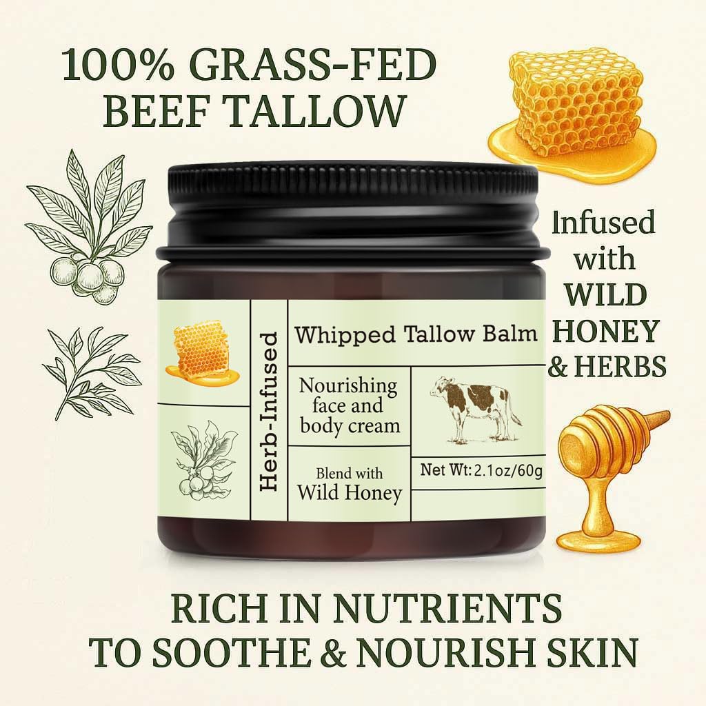 URQT Beef Tallow for Skin - Organic Grass-Fed Whipped Balm with Honey - Deeply Moisturizing Face & Body Care
