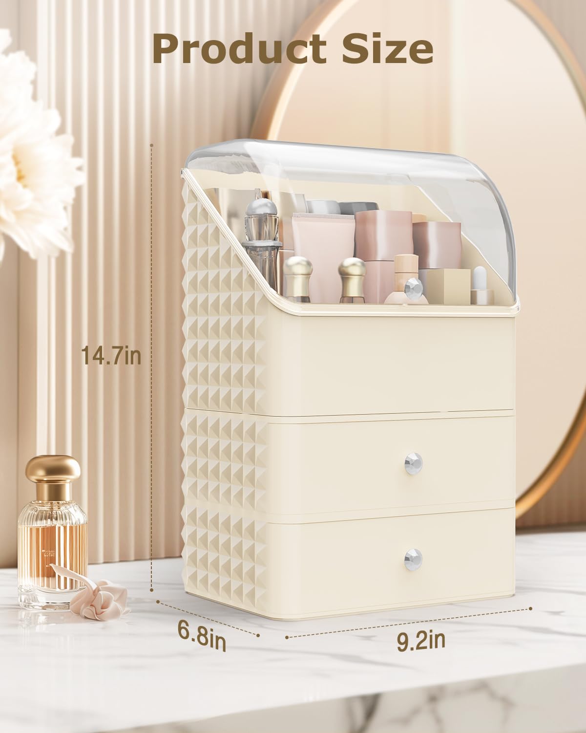 Soimeat Makeup Organizer Countertop, Stackable Cosmetics Organizer and Storage, Makeup Organizer Case with Dustproof Lid and Waterproof, Perfect for Bathroom Vanity, Cream, 3 Layers