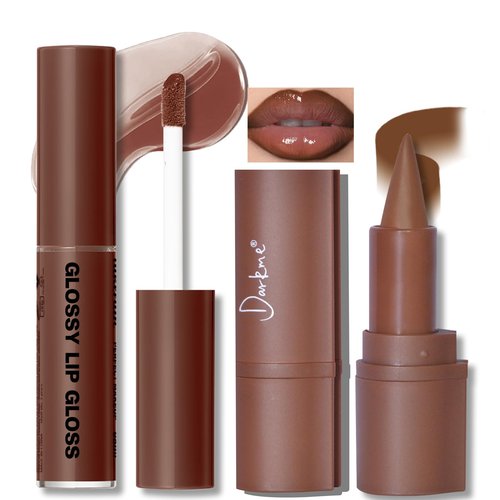HOSAILY Lip Liner Gloss Set, Dark Brown Plumping Lip Liner Lip Pencil Moisturizing Lightweight Lip Gloss Lip Combo, High Shine Glossy Lip Tint Lip Stain Makeup Long Lasting Lip Contour for Women