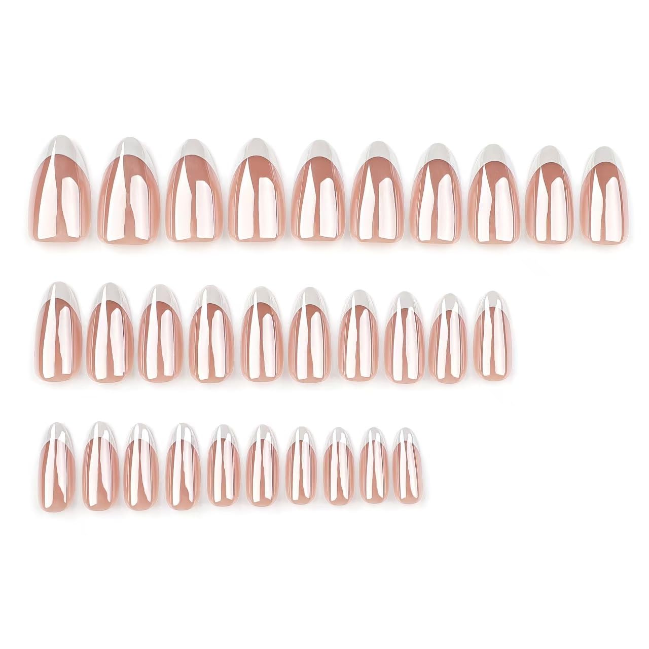 Chrome Press on Nails Medium Almond Fake Nails White French Tip Fake Nails Nude Glue on Nails Glossy False Nails Reusable Artificial Acrylic Nail Full Cover Stick on Nails for Women Manicure 24Pcs