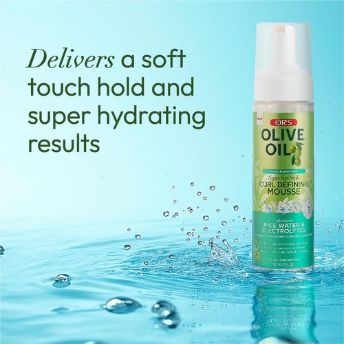 Olive Oil Max Moisture Super Soft Style Curl Defining Mousse infused with Rice Water & Electrolytes for Supercharged Hydration & Growth (7.0 oz)
