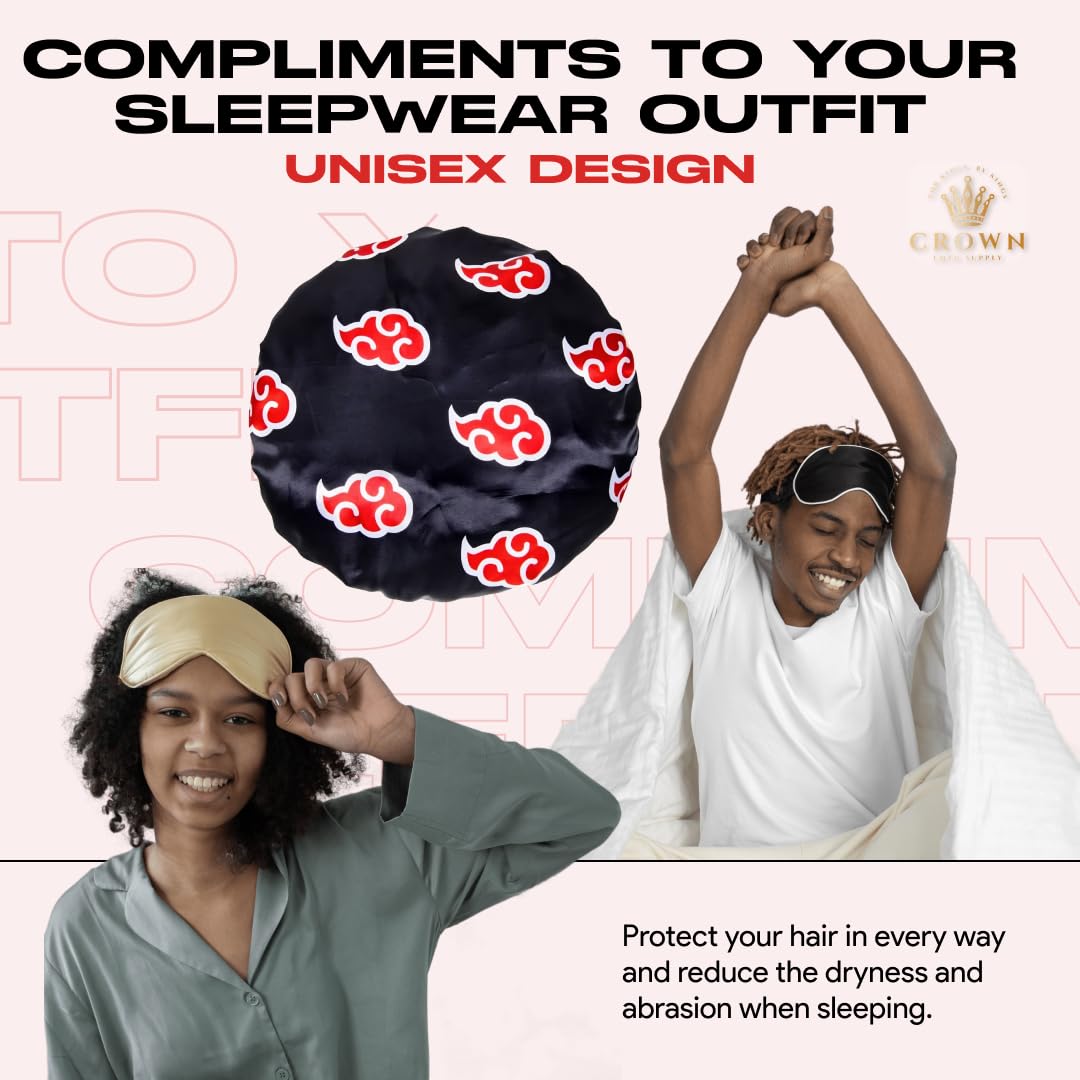 Red Black Cloud Large Bonnet - Silky Design Satin Bonnet with Elastic Soft Band African Head Wrap for Women