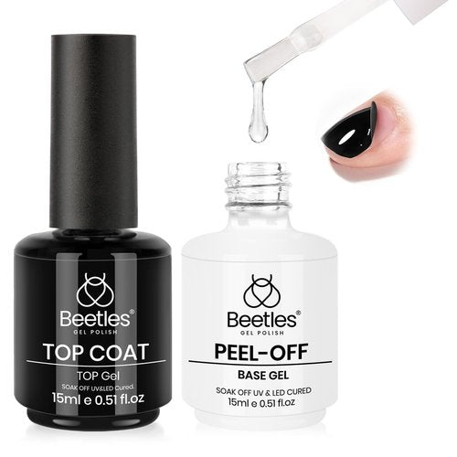 Beetles Peel Off Base Coat and Top Coat Gel Nail Polish Set, 2Pcs 15ml Peelable Base Gel and Top Coat Easy Removal, UV LED Lamp Peel off Nail Polish without Damage for Beginners Weak Thin Nails