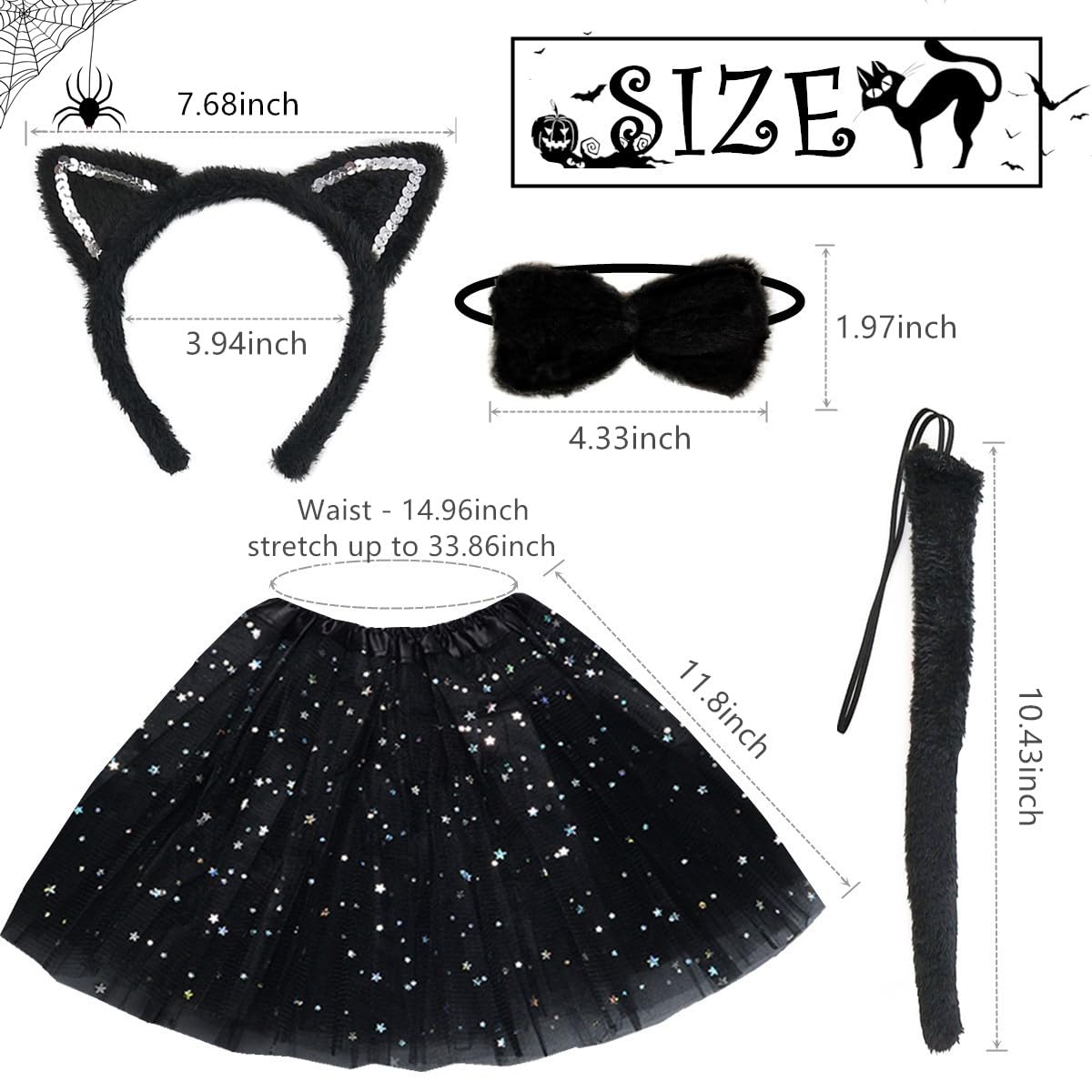 BEBAOVO Halloween Animals Cat Cosplay Costume Set - Black Cat Skirt Animals Cat Headband Bowtie and Cat Tail Cat Costume Accessories (Black Cat, One Size)