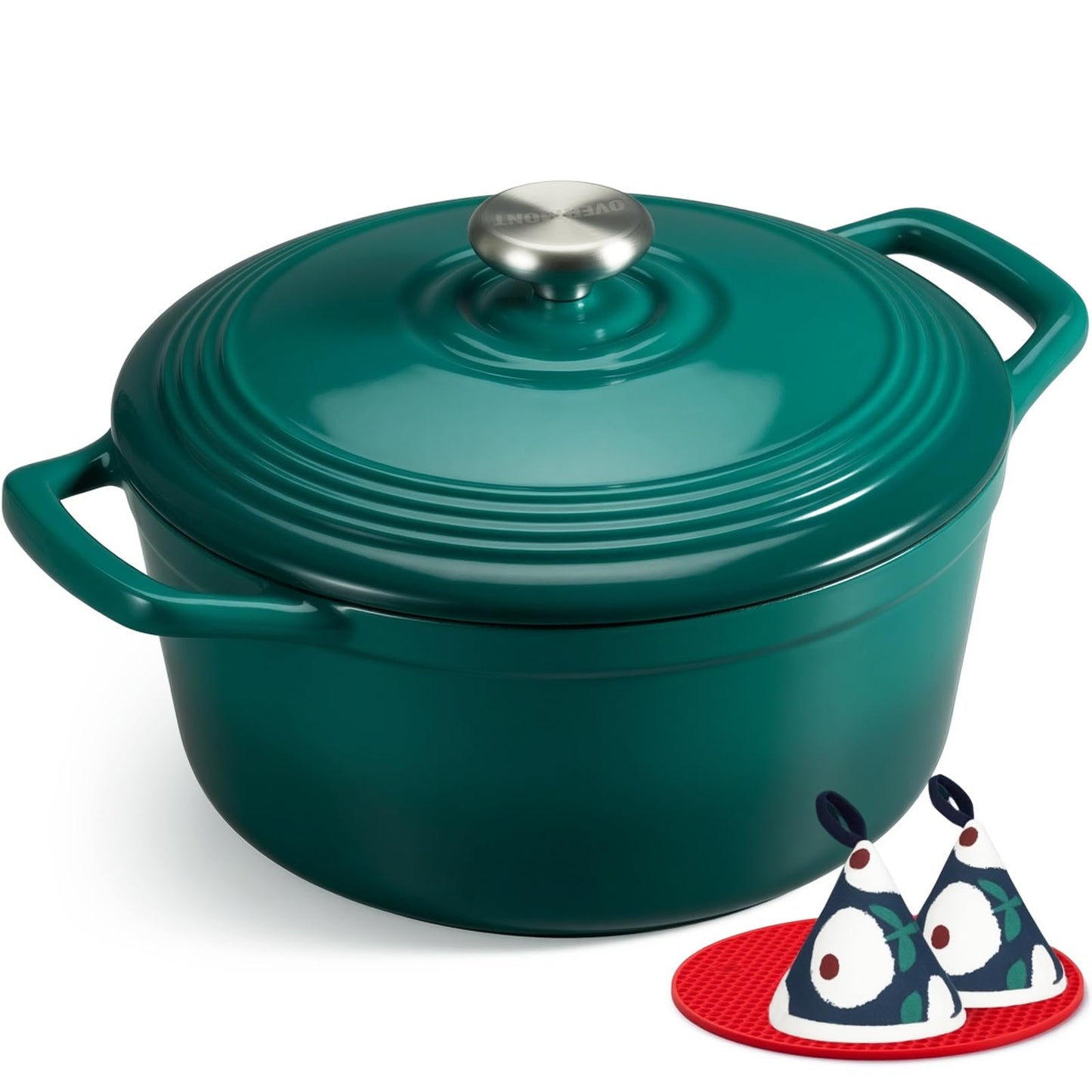 Overmont Enameled Cast Iron Dutch Oven - 4.5QT Pot with Lid Cookbook & Cotton Potholders - Heavy-Duty Cookware for Braising, Stews, Roasting, Bread Baking bottle green