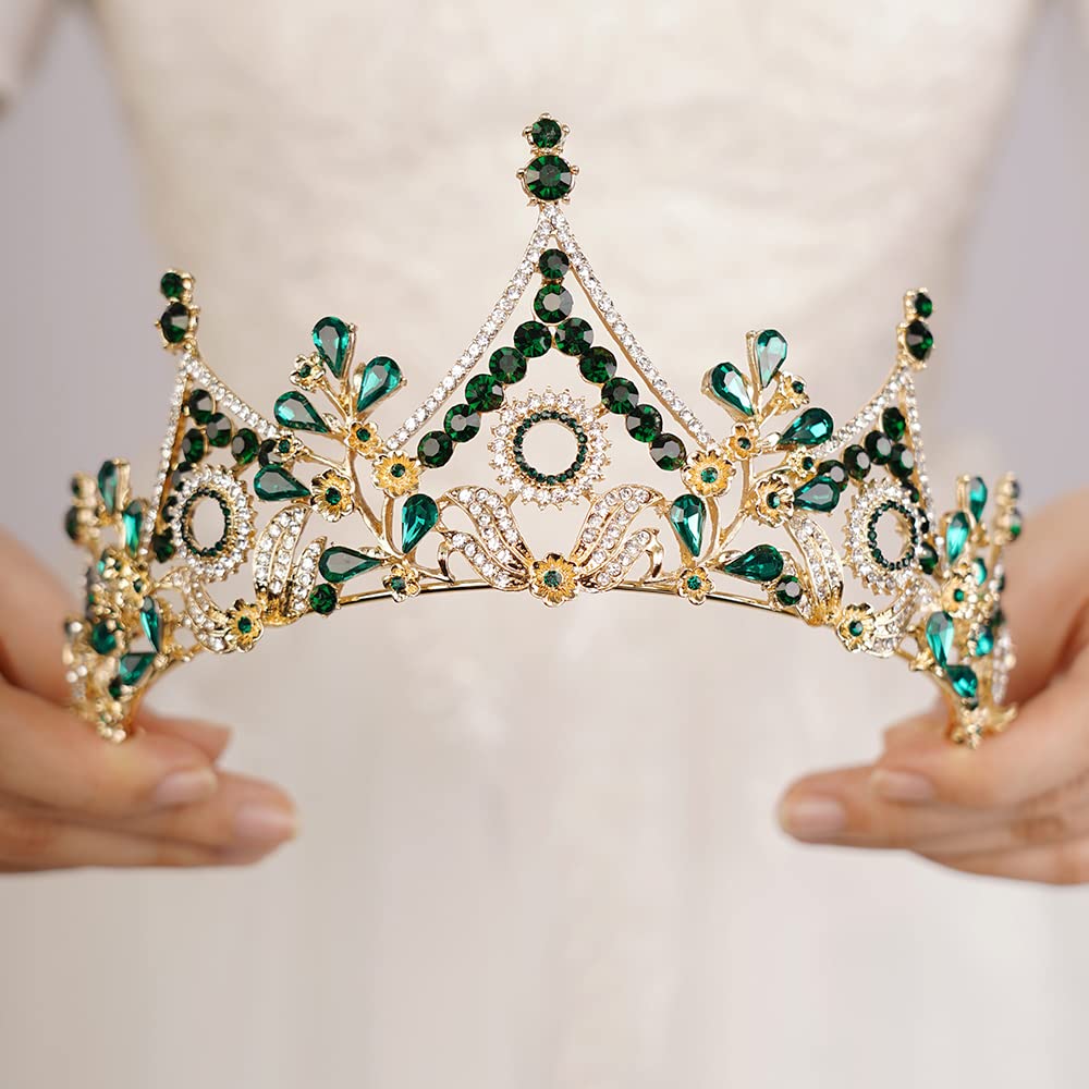 Wekicici Baroque Queen Crown Green Crystal Tiara Rhinestone Princess Wedding Headband for Women Girl Birthday Pageant Party(Green), weki-0423-crown-5-green