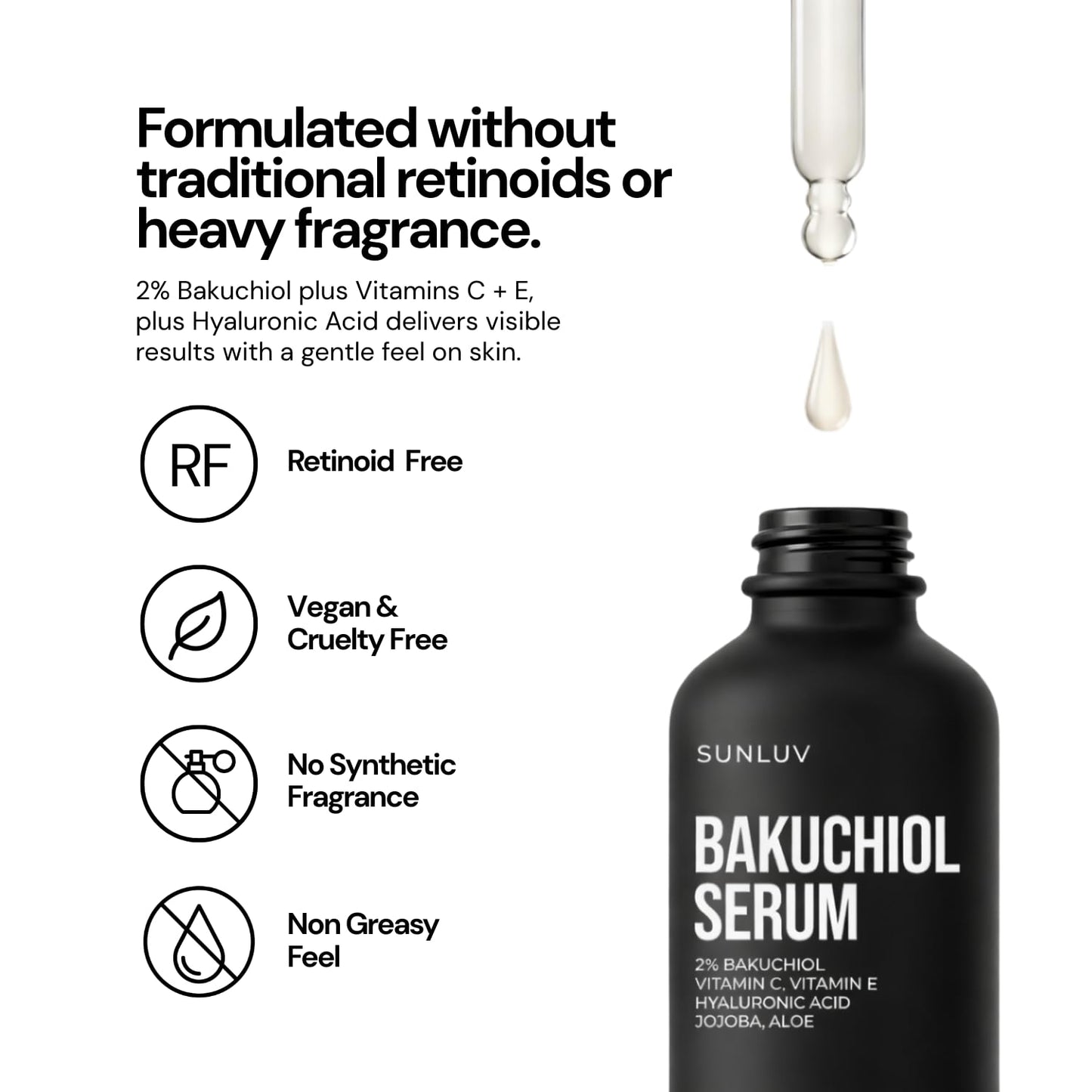 SUNLUV Bakuchiol Serum for Face - 2% Retinol Alternative with Hyaluronic Acid & Vitamin C | Anti-Aging & Hydrating - 1 oz