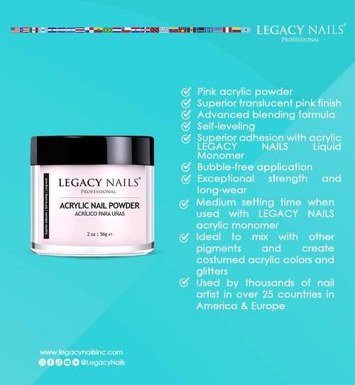 Legacy Nails Pink Acrylic Powder - High-Quality Fast-Drying Formula for Nail Extensions | 30g / 1oz.