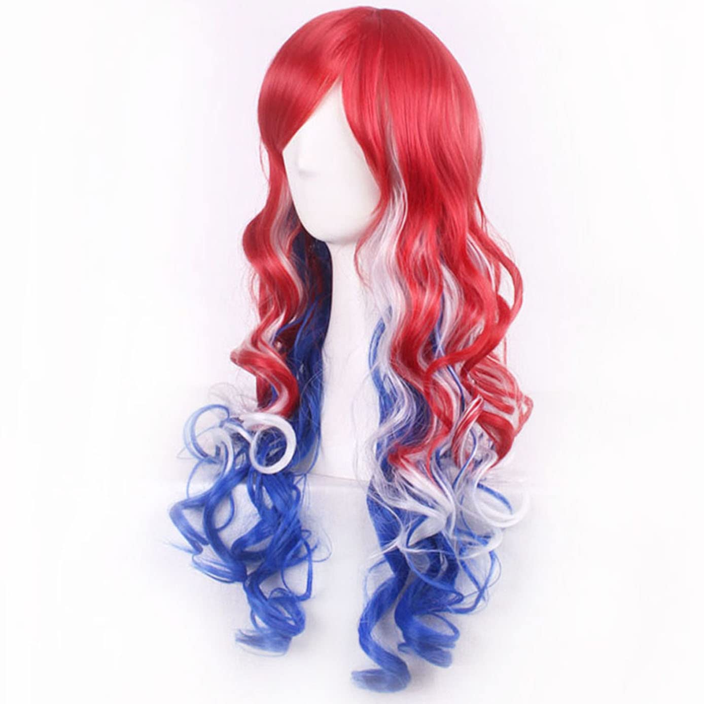 BERON Long Wavy Wigs for Women with Bangs 4th of July Cosplay Costume Anime Hair Wigs (Red White Blue Mixed)