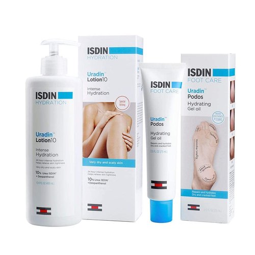 ISDIN Hydrating Bundle - Dry Skin Relief & Hydrating Foot Cream with 10% Urea | Uradin Lotion 10 & Podos
