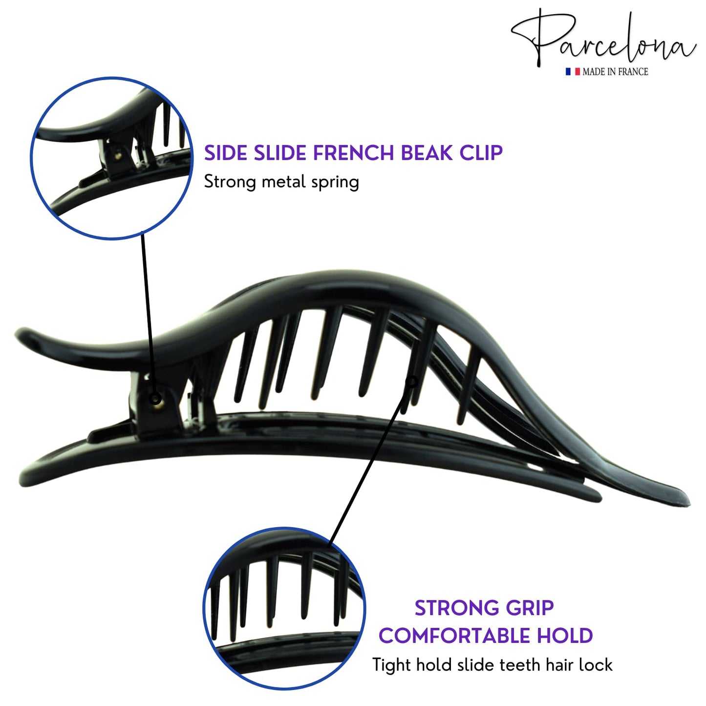 Parcelona French Wide Beak Celluloid Slide-in Hair Claw Clip (Black)