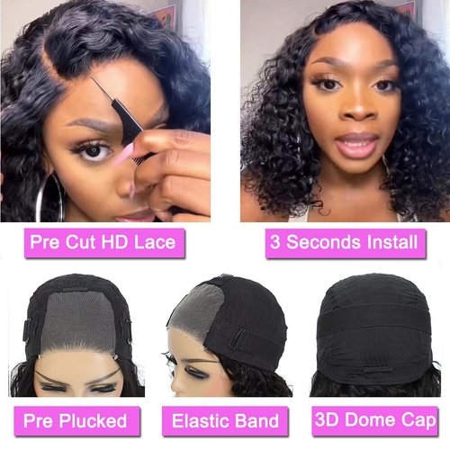 Srakuw Wear and Go Glueless Wigs Human Hair Pre Plucked Pre Cut Lace Front Wigs for Black Women 180 Density Water Wave Bob Wig Human Hair Curly Wig (14 Inch)