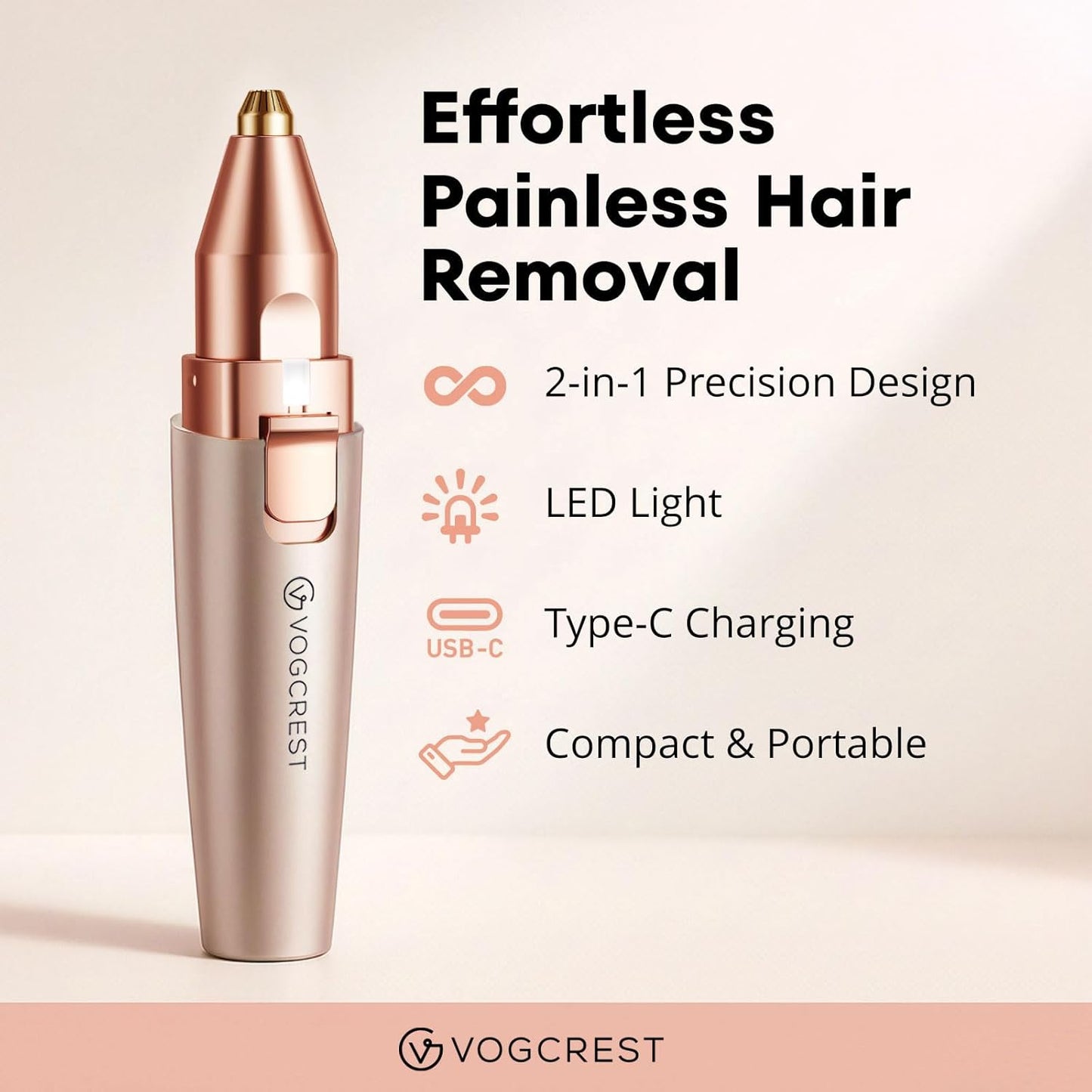 VG VOGCREST Eyebrow & Facial Trimmer - 2-in-1 Rechargeable Hair Removal & Shaver with LED Light | Rose Gold