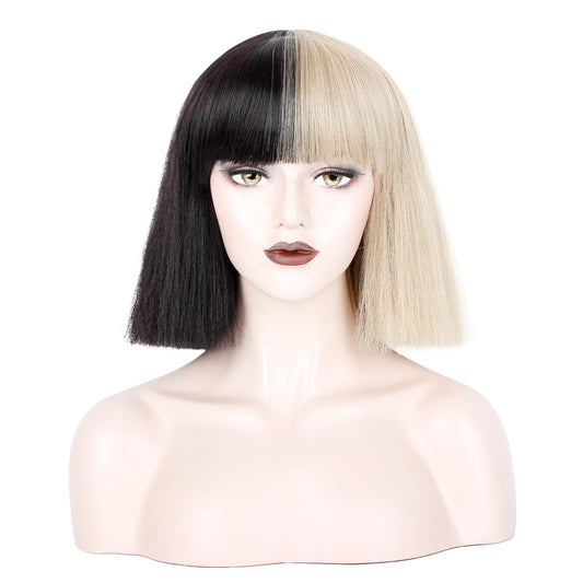 WeKen Women's Fashion Wig Short Bob Kinky Straight Full Bangs Synthetic Hairpieces Half Black and Half Blonde