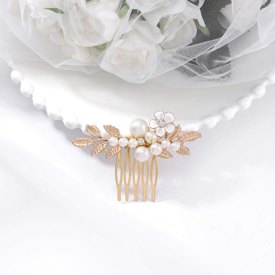 Yokawe Bridal Wedding Hair Comb Gold Pearl Flower Hair Clip Vintage leaf Rhinestone Bride Hair Accessories for Women (Gold)