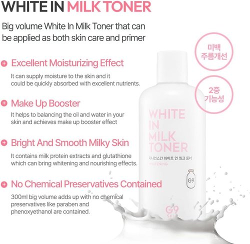 G9SKIN White In Milk Toner - Hydrating & Brightening Facial Toner with Milk Protein | 300ml / 10.14 Fl.Oz