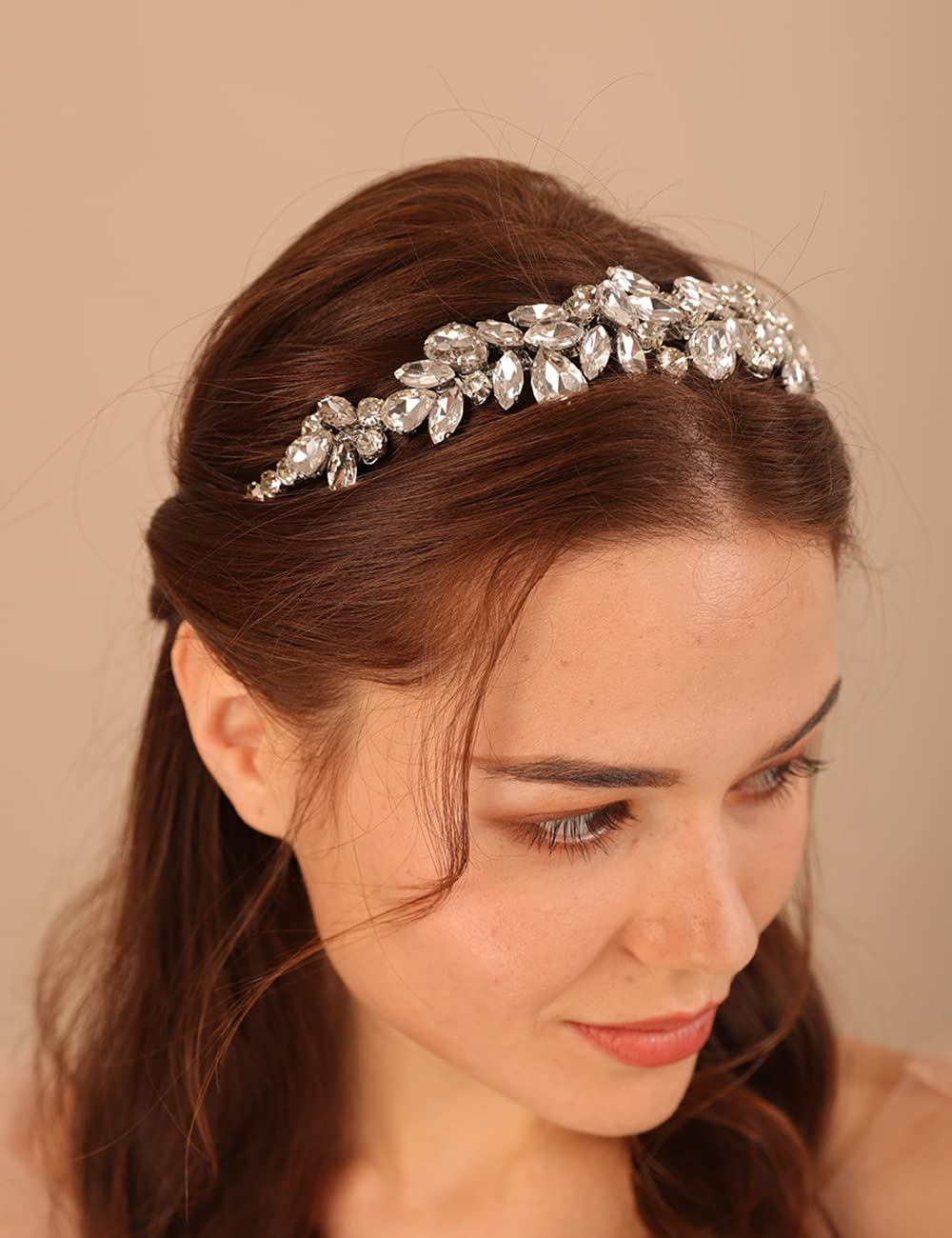 Teyglen Rhinestone Crystal Headband Hair Band Handmade Full Crystal Hair Hoop Bridal Wedding Gold Silver Headpieces Hair Accessories for Women Girl (Silver)