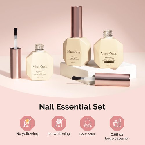 MelodySusie Top Coat Nail Glue Base Coat No Wipe Glossy Set Long Lasting Shine Finish Soak Off UV LED Nail Lamp Nail Art Design Manicure Kit Perfect Gifts for Women Girls 3 Pcs 15ml Clear