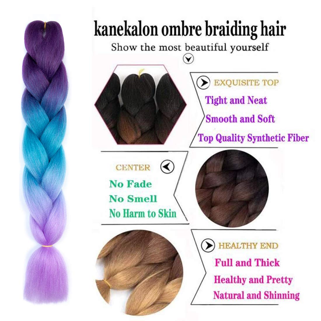 Xiaofeng Braiding Hair Extensions for Women 6 Packs 100g/Pack 24Inch High Temperature Ombre Jumbo Synthetic Braiding Hair for Twist Crochet Braids (24 Inch, purple-lake blue-light purple)