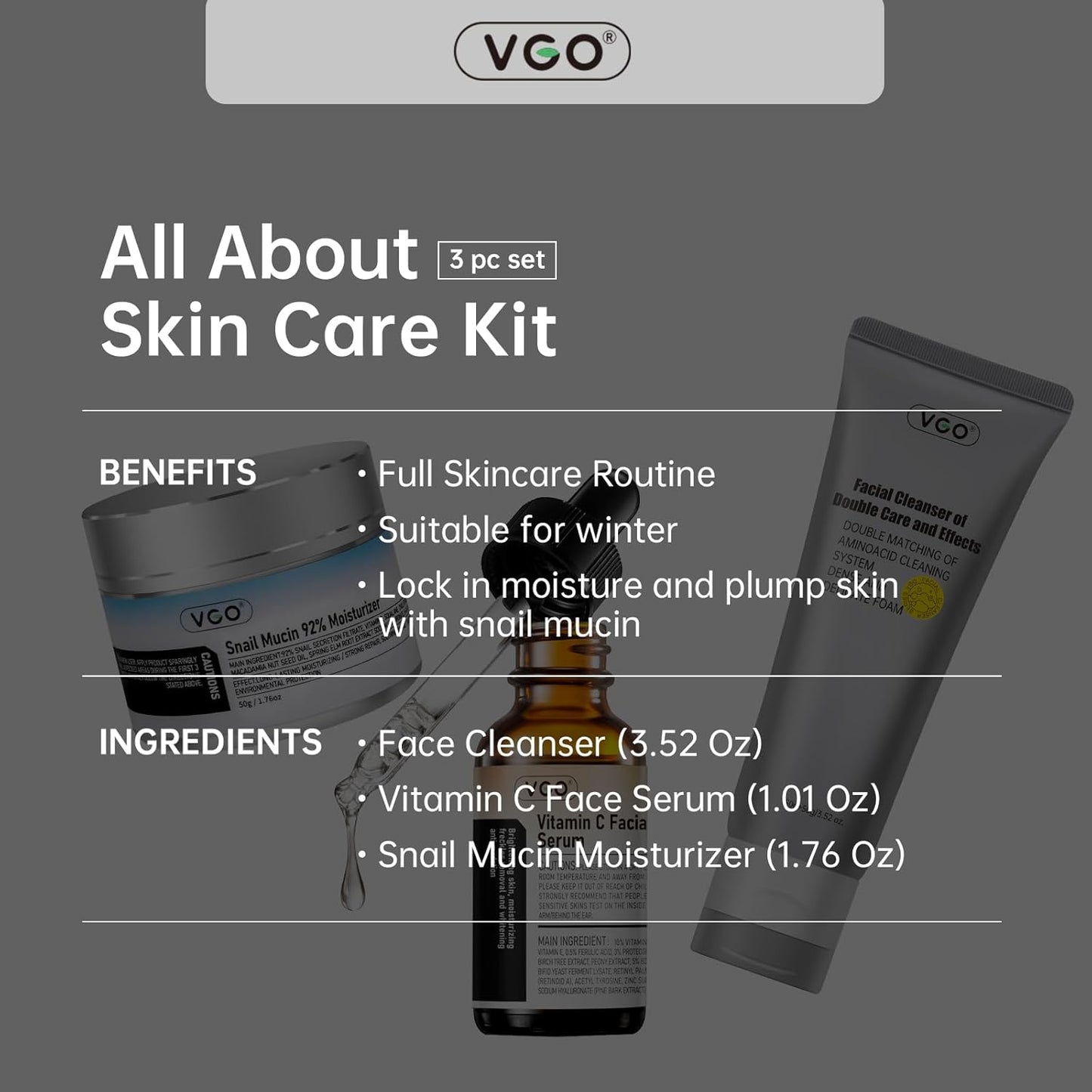 VGO Skin Care Set - Snail Mucin Moisturizer, Vitamin C Serum & Dual-Tube Cleanser | 3-Piece Daily Routine for Sensitive Skin