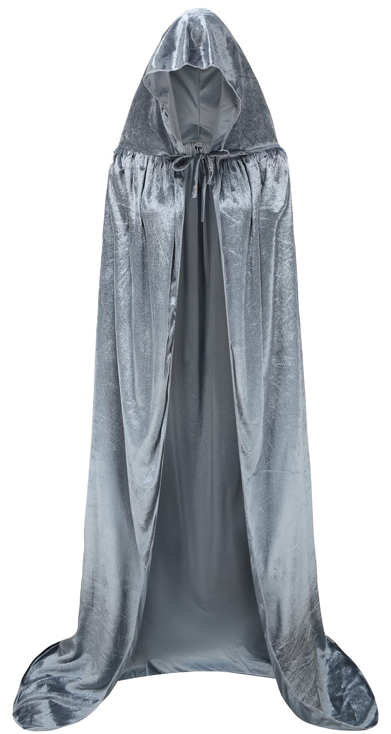 COUNS Unisex Halloween Hooded Cape Cosplay Full Length Velvet Cloak Halloween Fancy Cape Costumes (Grey, X-Large) (0399)