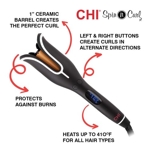 CHI Spin N Curl 1″ Ceramic Curling Iron - Adjustable Heat Settings for All Hair Types | Onyx Black