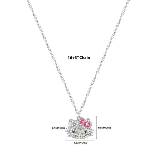 Hello Kitty Sanrio Pave Crystal Pendant Necklace for Women Official License, 16"+3" Sparkly Necklace with Enamel Plating