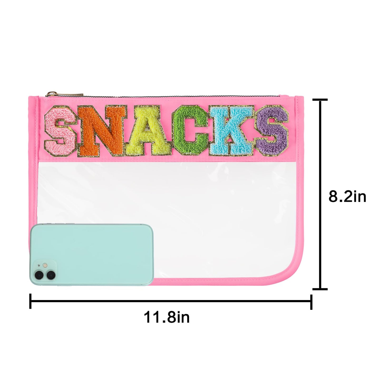 DYSHAYEN Snack Bag for Travel,Chenille Letter Clear Zipper Pouch,Nylon Clear Cosmetic Bag,Preppy Makeup Travel Bag for Women (Pink-Snacks)