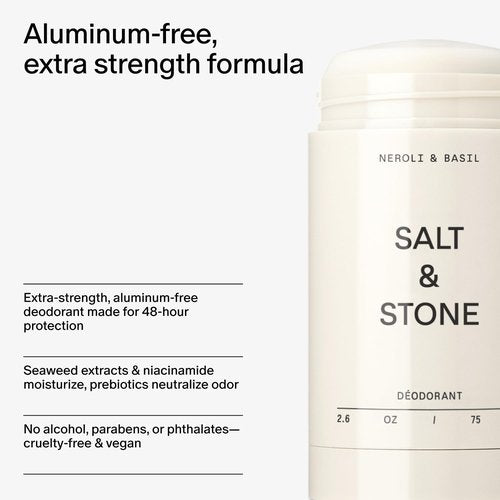 Salt & Stone Aluminum-Free Deodorant - Extra Strength 48-Hour Protection for Men & Women | Neroli & Basil Scent