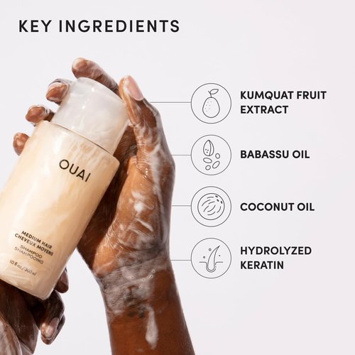 OUAI Medium Hair Shampoo - Hydrating Shampoo for Color Treated Hair & Dry Scalp - Nourishes, Strengthens, Reduces Breakage & Adds Shine - Coconut Oil, Babassu, Keratin - Sulfate Free, 10 Oz