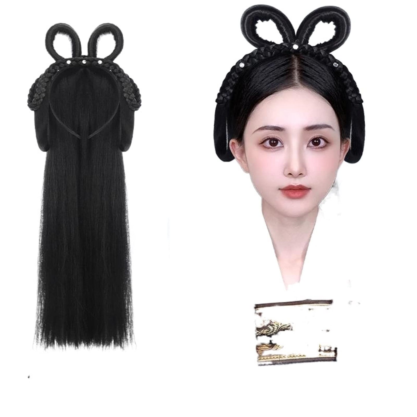 Oligage Hanfu Wig Headband Women Chinese Style Hair Piece Antique Modelling Cosplay Pad Hair Accessorie Headdress Black (Color : FG26)