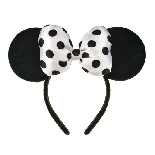 A Miaow 3D Black Mouse Velvet Ears Headband MM Polka Dot Satin Bow Hair Clasp Women Adults Costume Supply Holiday Park Headwear (Black and White)