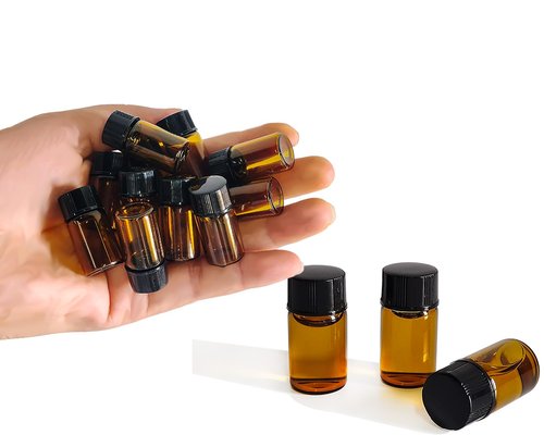 AGENIZ 50Pcs 3ml Amber Sample Bottles,Mini Glass Essential Oil Bottle, with Black Screw Caps, for Travel Essential Oil and Perfume Vials Bottles (3ML)