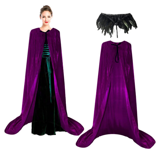 Huralona Unisex Hooded Cape Long Velvet Cloak with Natural Feather Shrug Cape Shawls (Purple-Black)